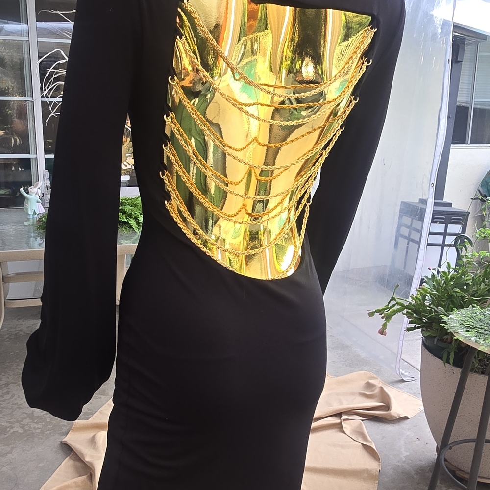 Black,Backless Lycra VINTAGE  DressW/Gold Chain Details By ALFABETA EUROPEANmade